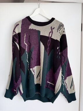 Vtg 80s Moores Made in Canada Abstract Geometric Knit Sweater Eclectic Grandpa
